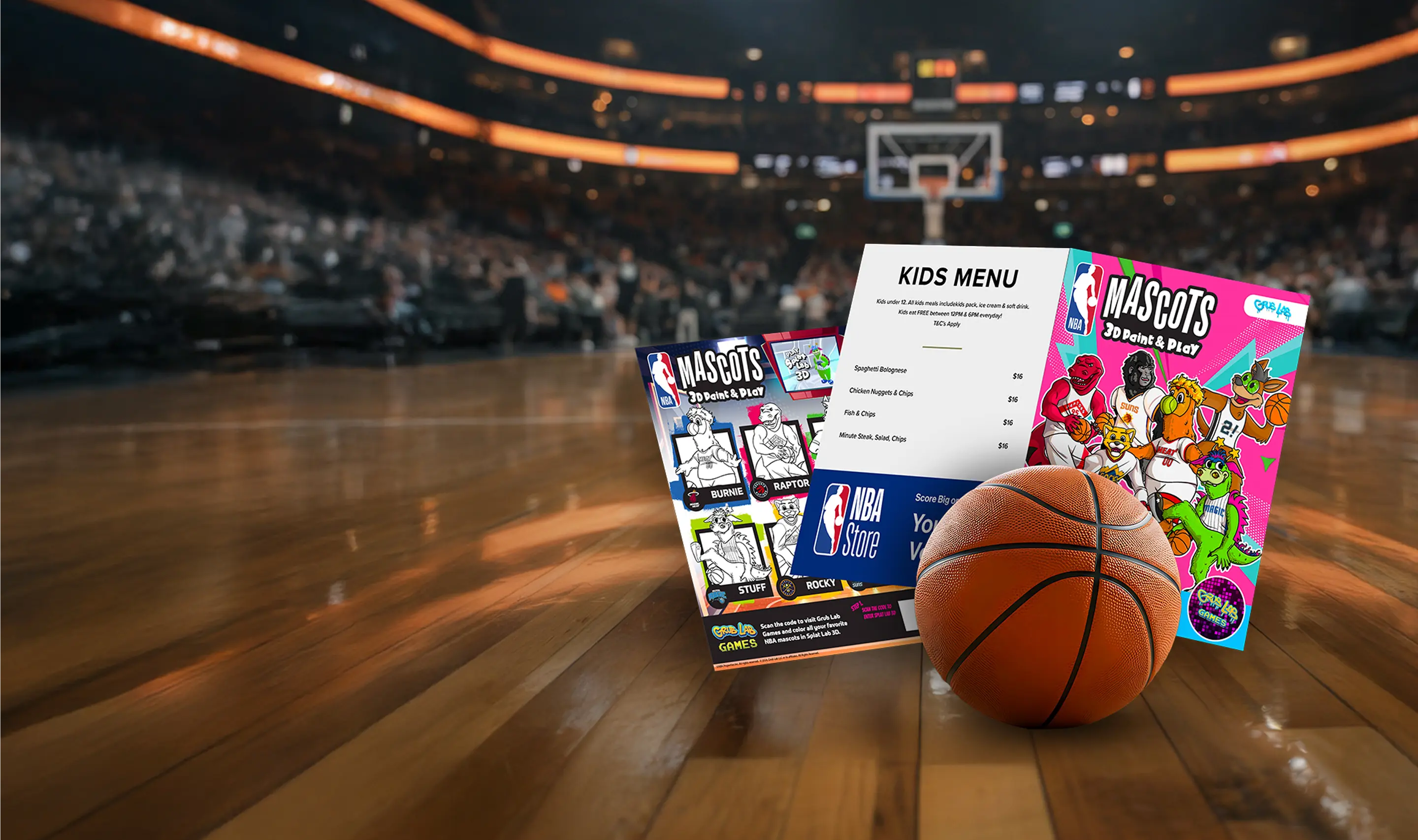 NBA branded kids menu featuring basketball themed games and activities
